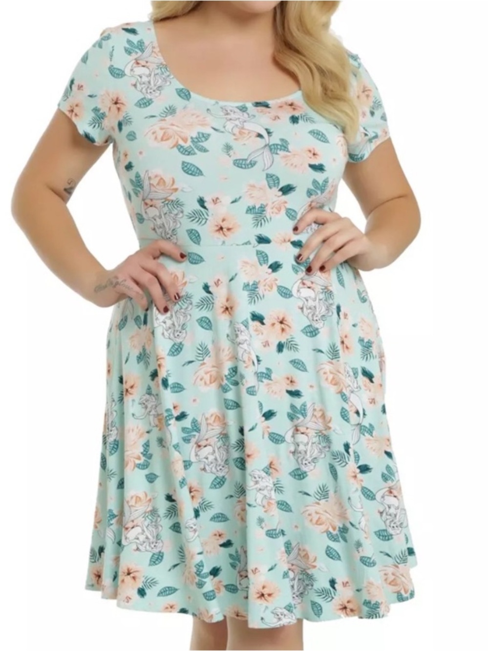 Disney Little Mermaid Ariel Floral Mint Green and Peach Jersey Mini Dress